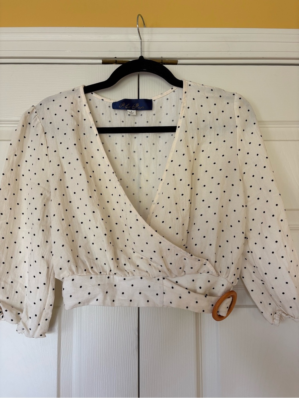 Francesca's Cream Polka Dot Wrap Crop Top with Navy Dots